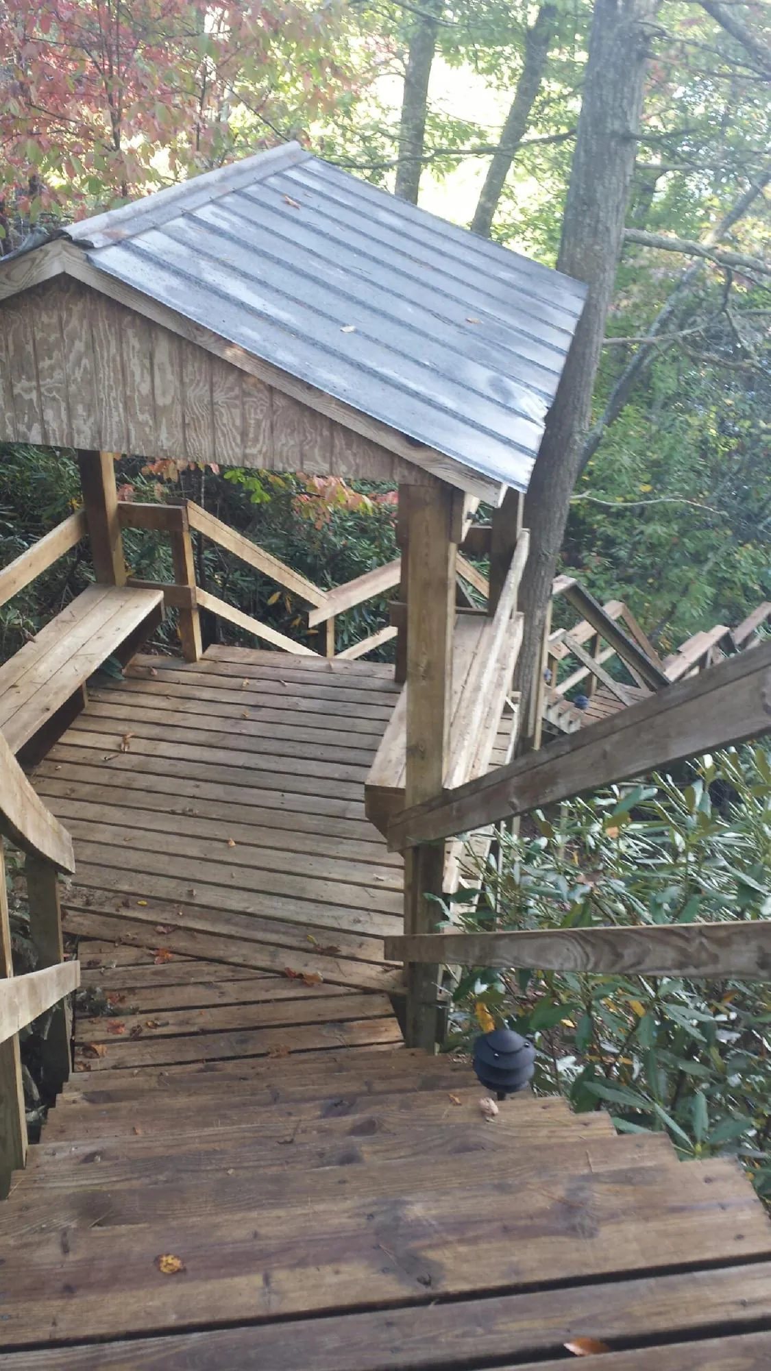 Metal roofed shelter over wooden steps on a wooded walkway — Skylight Repair & Installation work by our crew in Elbing